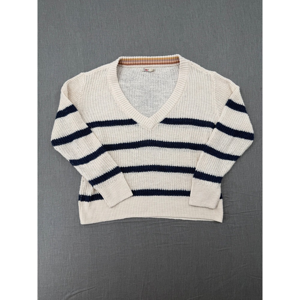 Faherty Miramar Striped Linen Cotton V-Neck Sweater Cream Navy Womens Medium